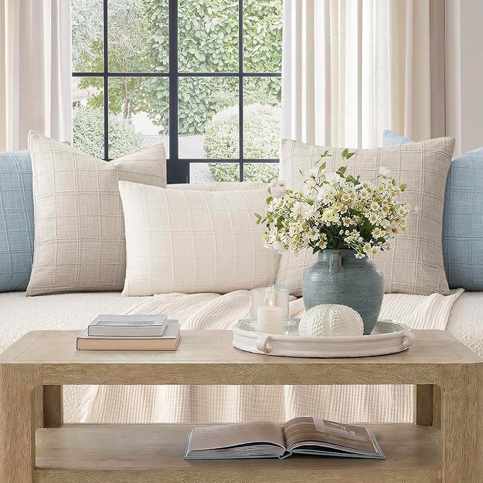 Foindtower Set of 2 Decorative Linen Check Throw Pillow Covers Neutral Farmhouse Vintage Cushion Covers Modern Coastal Boho Home Decor for Sofa Chair Couch Bedroom Living Room,24×24 Inch,Light Grey