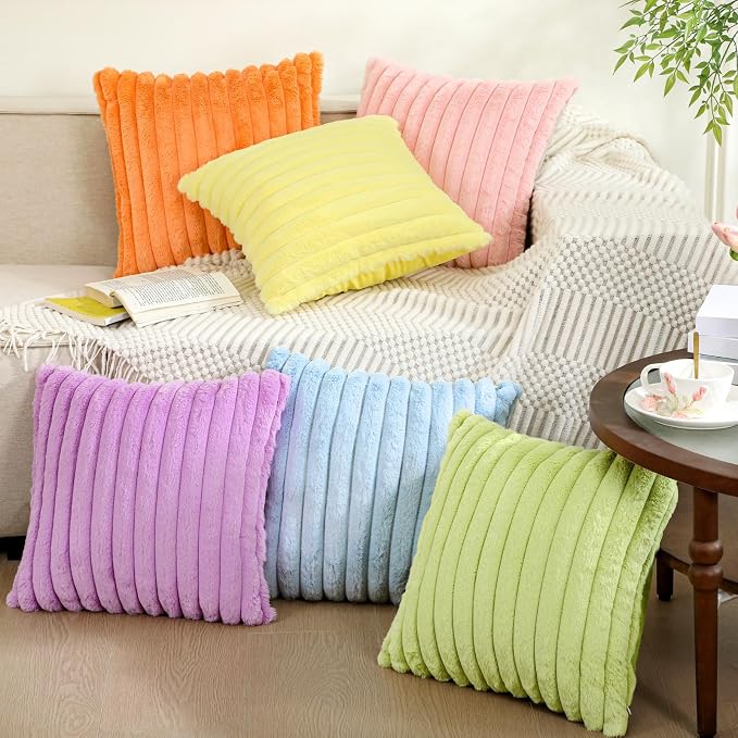 Mixweer 6 Pcs Back to School Faux Fur Plush Throw Pillow Covers 18x18 Inch Pastel Soft Fluffy Striped Decorative Pillow Covers with Velvet Back for Sofa Couch Cushion Bedroom, Home Classroom Decor