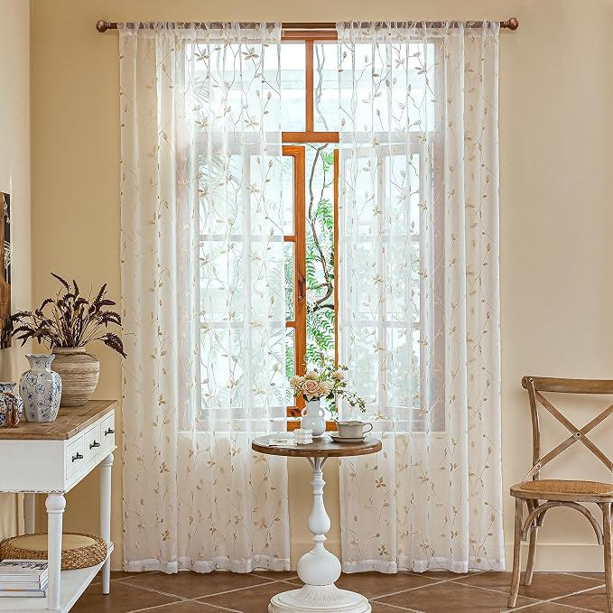 AmHoo 2 Panels Embroidered Leaf Pattern Semi Sheer Curtains Foliage Floral Voile Window Draperies Treatment for Bedroom Living Room Rod Pocket White Beige 53 x 95 Inch