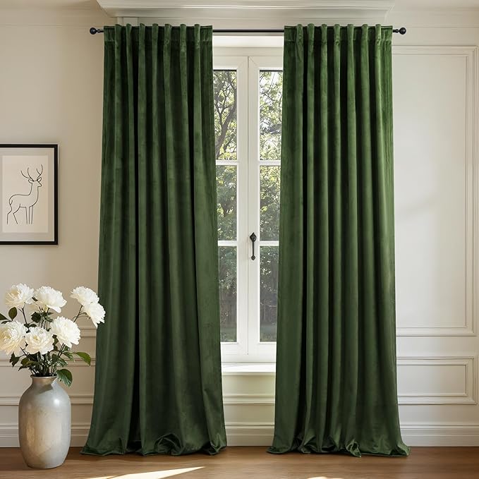 Luxury Velvet Olive Green Curtains 102 Inches Long 2 Panels for Living Room Darkening Dark Out Forest Green Bedroom Curtain Thermal Insulated Custom Made Length Fancy Botanical Coastal Decor Back Tab