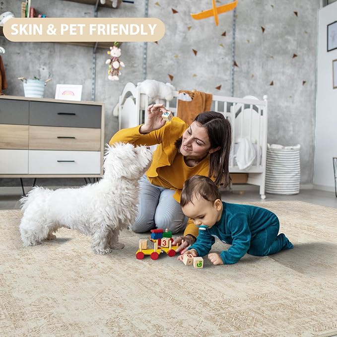 10x14 Area Rugs for Living Room Rug Washable: Abstract Large Rug Indoor Modern Carpet Non Slip for Dining Room Bedroom Nursery Home Office Beige