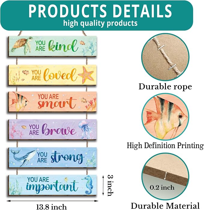 6 Pcs Ocean Decor Kids Room Placards of Wood Decor, Watercolor Ocean Inspirational Positive Quotes Wall Art Hanging Sign for Kids Teens Children Bedroom Princess Toddler Room Nursery Dorm