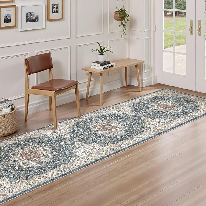 Vintage Hallway Runner Rug 2x6: Large Soft Washable Entryway for Kitchen Laundry Room Non-Slip Backing Runner for Entrance Living Room Bedroom Bathroom - Vintage Blue