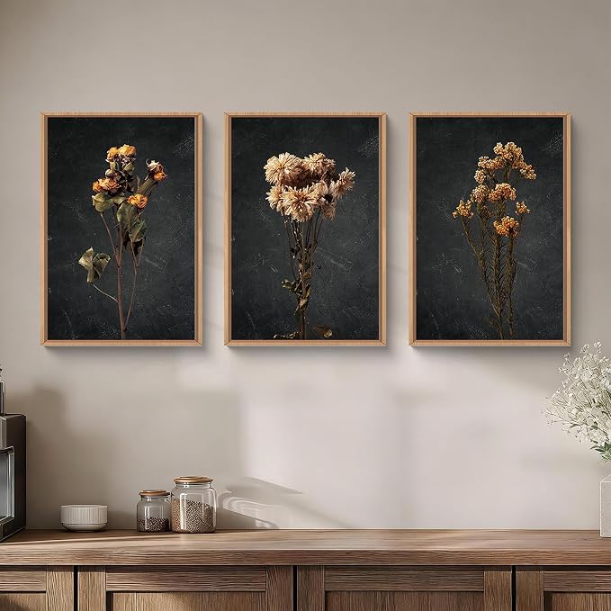 HOURIA Dark Moody Dried Floral Framed Canvas Wall Art Set,Vintage Mid Century Black Flower Wall Decor,Retro Boho Minimalist Wildflower Botanical Artwork for Living Room,Bedroom,Farmhouse- 16"x24"x3