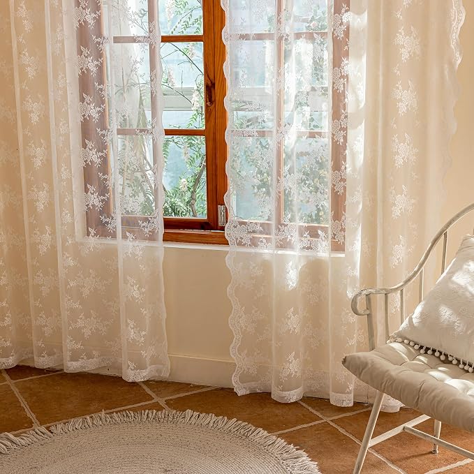 MEETSKY Short Lace Curtains 54 Inches Long Vintage Sheer Curtains for Small Windows Rod Pocket French Elegant Light Filtering Drapes, 50" W Each Panel, White, Set of 2