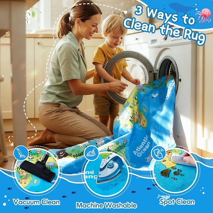Kids Playroom Rug, 6x6ft Round World Map Rugs with Cute Animals, Washable Durable Soft Carpet Kid Educational Rugs for Boys Girls Bedroom Nursery Classroom