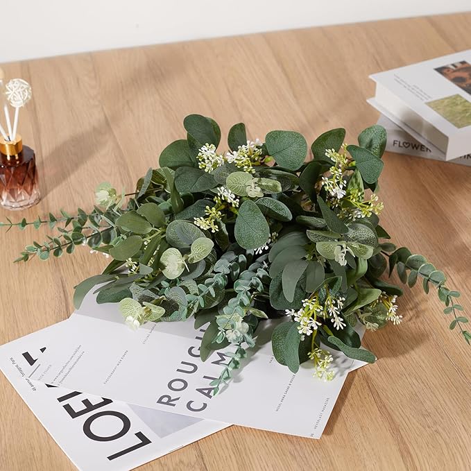 Coreland 120 Pcs 4 Kinds Mixed Eucalyptus Leaves Stems Bulk Artificial Silver Dollar Leaves Picks Dried Eucalyptus Bundle Faux Spray for Wedding Vase Bouquet Floral Arrangement
