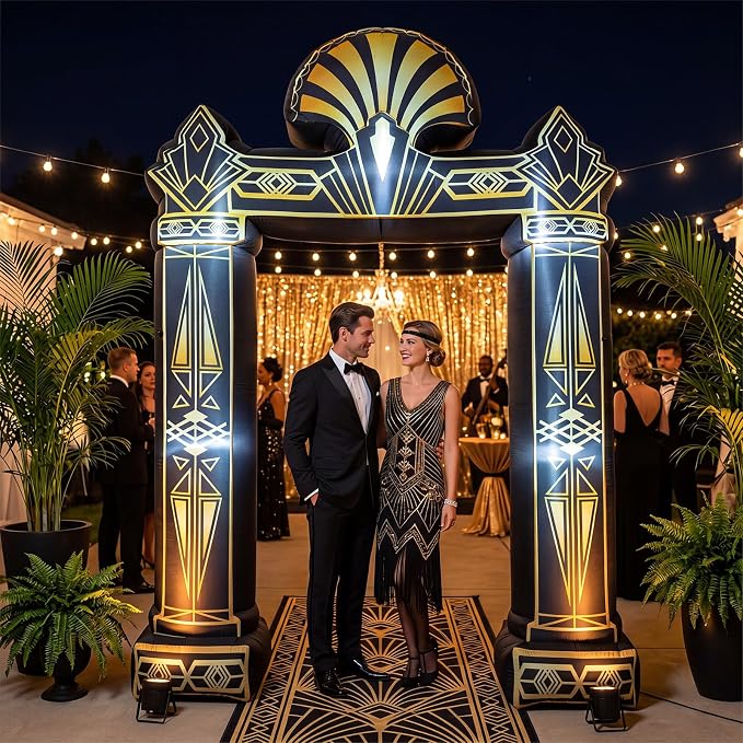 Seenelling 9 FT Roaring 20s Theme Giant Inflatable Archway Decoration Great Black Gold Geometric Arch Built-in LED Lights for 1920s Party Speakeasy Roaring Music Theme Party Supplies