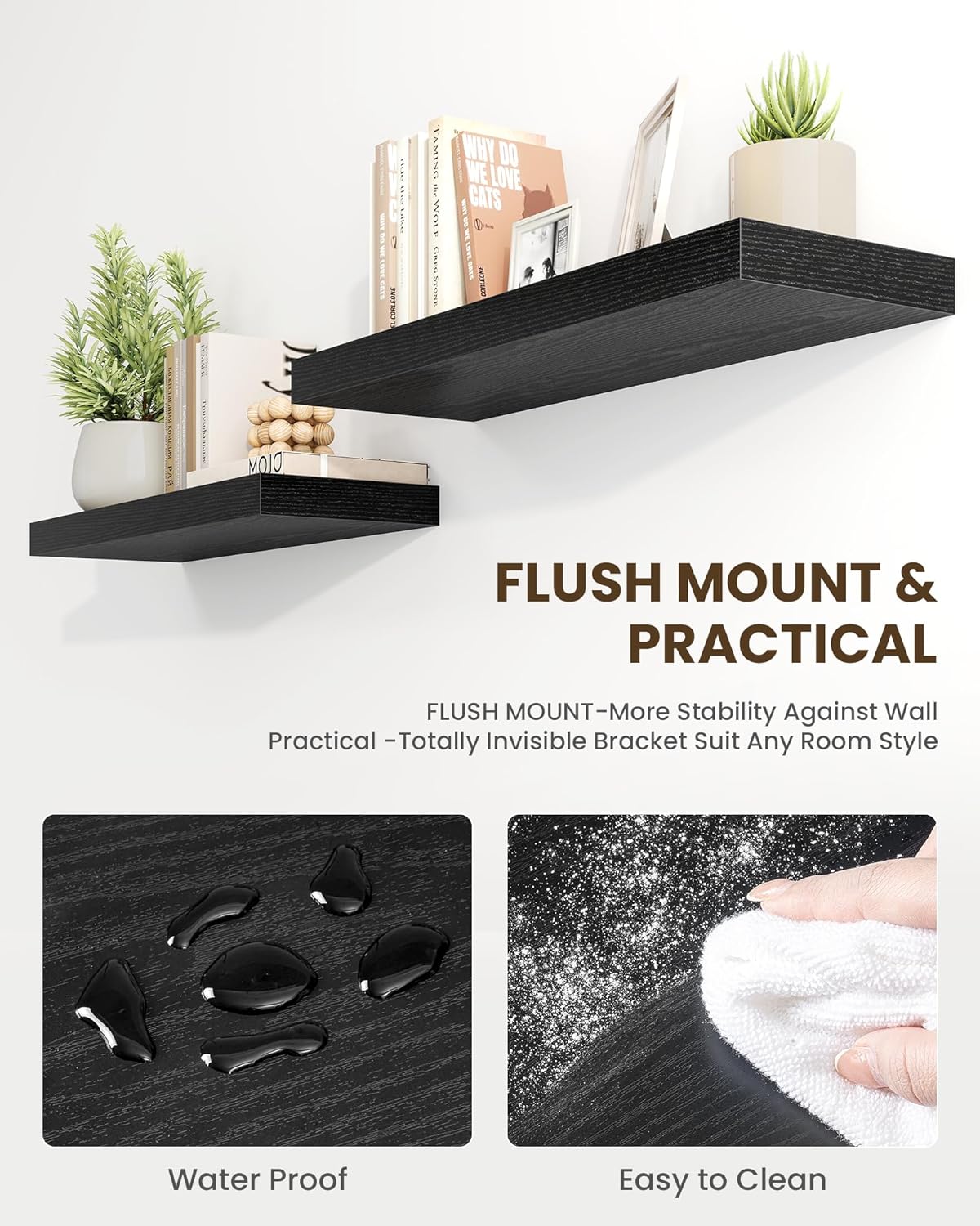 Marsmiles 24" Floating Shelves for Wall, Wooden Shelves with Invisible Brackets Set of 2, Rustic Farmhouse Wall Mounted Shelf for Kitchen Bathroom Living Room Study, Black