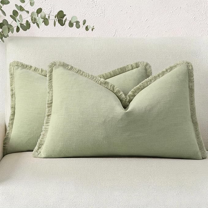 decorUhome Linen Fringe Lumbar Throw Pillow Covers Set of 2 Decorative Sage Green Pillow Covers with Tassels Soft Accent Boho Farmhouse Pillow Cases for Couch Bed Sofa 12x20 Inch