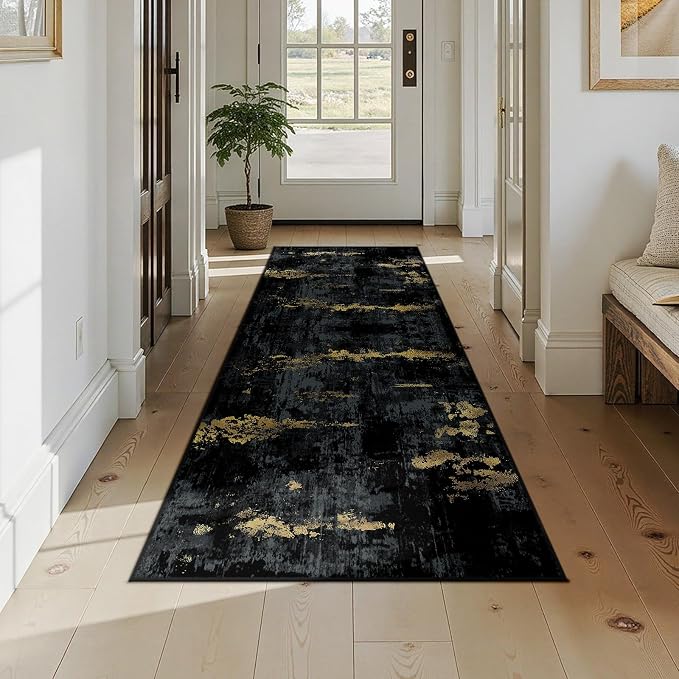 RELEANY Washable Area Rugs 2'6"x8 Non-Slip Modern Abstract Soft for Living Room Entryway Bedroom Kitchen, Print Pattern, Dark Black Gold