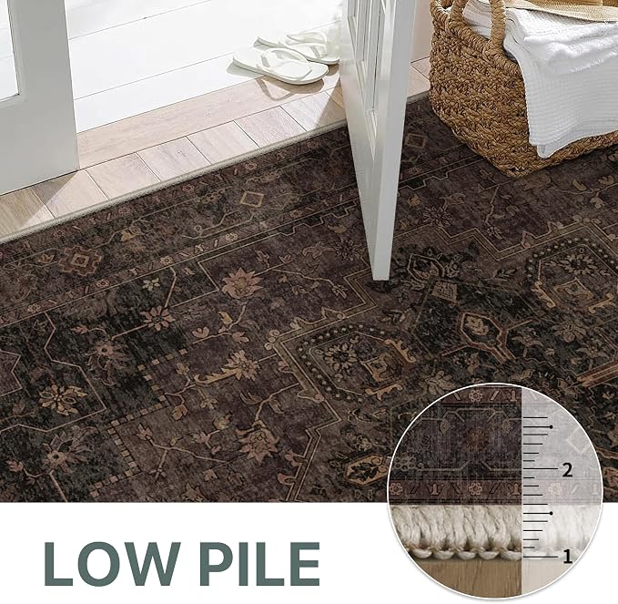 GENIMO 9x12 Area Rugs for Living Room, Machine Washable Rug, Non Slip Indoor Vintage Rug, Low Pile Lightweight Print Carpet for Bedroom Dining Room Home Office, Charcoal Brown