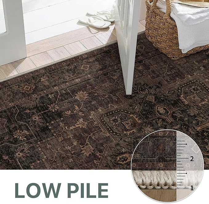 GENIMO 4x6 Area Rugs for Living Room, Machine Washable Rug, Non Slip Indoor Vintage Rug, Low Pile Lightweight Chenille Print Carpet for Bedroom Dining Room Home Office, Charcoal Brown