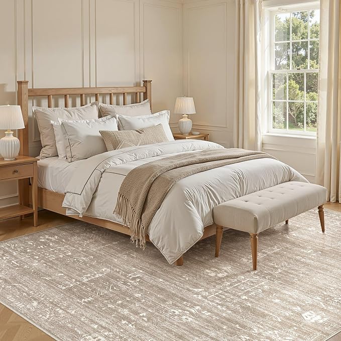 Area Rug for Living Room - 7x9 Soft Washable Oriental Vintage Floral Distressed Large Carpet - Fade Stain Resistant Non Slip Rugs for Bedroom Dining Room Nursery Dorm Office Home Decor - Camel