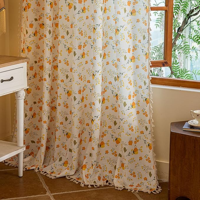 OYX Floral Boho Curtains 2 Panels Short 84 Inch Curtains Patterned Semi Sheer Living Room Drapes Farmhouse Boho Window Curtain Panels with Tassel Beige Rod Pocket Bedroom Drapes