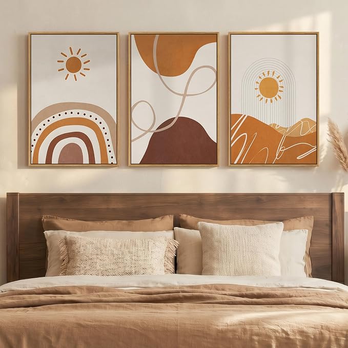 Framed Boho Neutral Terracotta Abstract Wall Art Bedroom, 3 Piece Beige Orange Sun Arch Canvas Artwork for Walls, Mid Century Modern Rainbow Prints Wall Decor for Living Room Nursery Room, 16x24 Inch