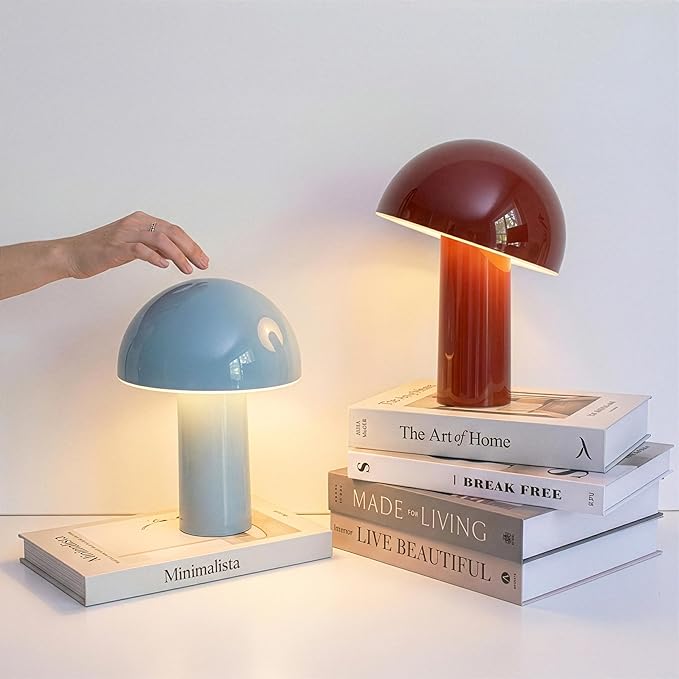 Brightech Celia Mood Lamp – 10" Touch-Controlled Mushroom Table Lamp, Cordless & Dimmable LED, Portable & Rechargeable Bedside Night Light, Sustainable Recycled Modern Patio Lamp for Home Décor – Red