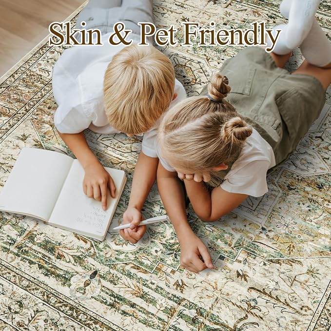 Soalmost 9x12 Area Rugs for Living Room, Non Slip Machine Washable Vintage Rugs, Low Pile Lightweight Large Rug for Bedroom, Dining Room, Home Office Olive