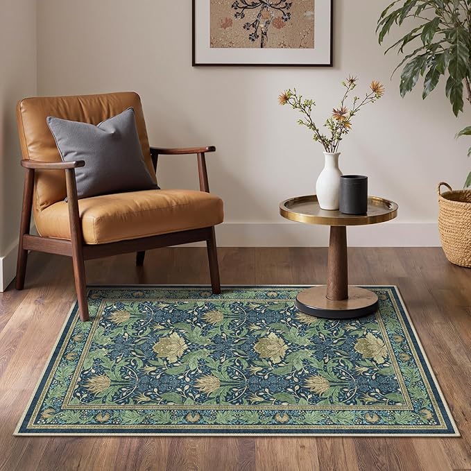 Bavni 3x5 Area Rugs, Floral Machine Washable Rugs for Living Room, Dinning Room, Bedroom, Non Slip Aesthetic Vintage Low Pile Durable Lightweight Farmhouse Rug, Tea Green/Blue
