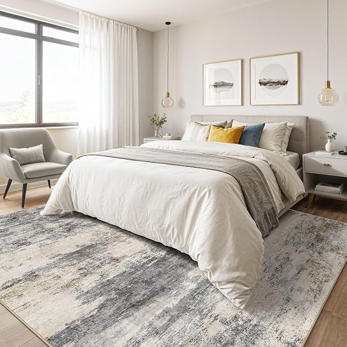 8x10 Area Rugs Living Room: Washable Large Abstract Modern Soft Rug Stain Resistant Indoor Floor Non Slip Accent Carpet for Bedroom Nursery Playroom Dining Room Office Dorm Home House- Grey Brown
