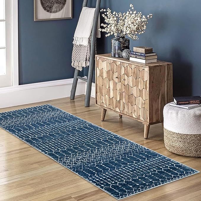 Lahome Moroccan 2x5 Washable Blue Runner Rug, Non-Slip Low-Pile Stain Resistant Kitchen Rugs, Geometric Soft Bathroom Runner Carpet for Entrance Bedroom Laundry Hana, Blue