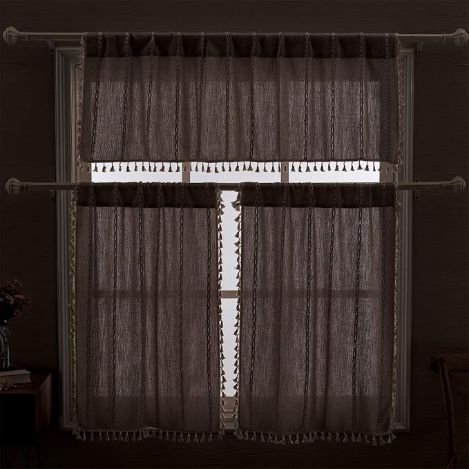 RoomTalks Tan Rustic Farmhouse Linen Kitchen Curtains 45 Inch Length Country Cottage Vintage Chic Tassel Short Cafe Curtains for Small Windows