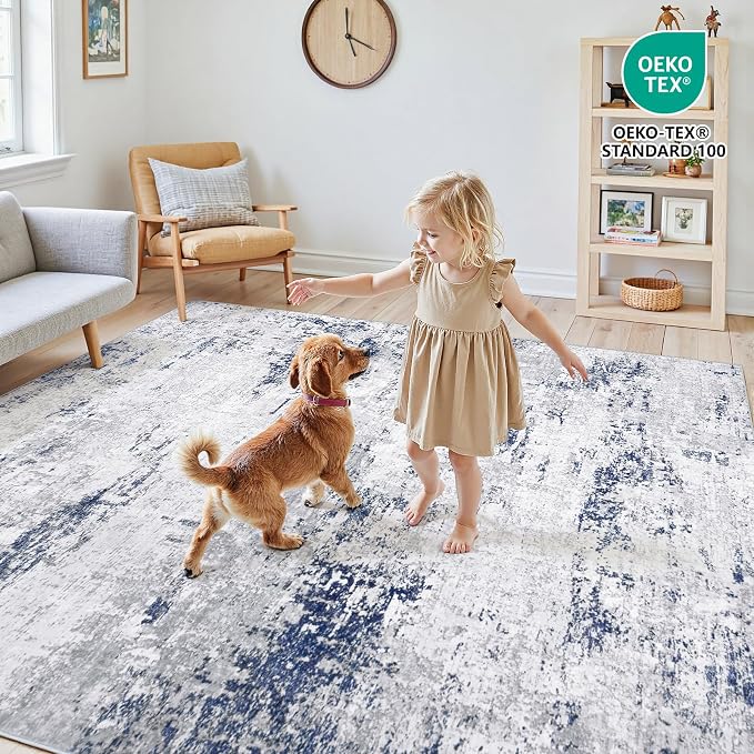 Area Rugs 10x14 Living Room: Large Modern Abstract Washable Rug Soft Anti-Skid Non-Shedding Carpet Indoor Floor Thin Carpets for Bedroom Dining Room Farmhouse Nursery Home Office Night Blue Grey