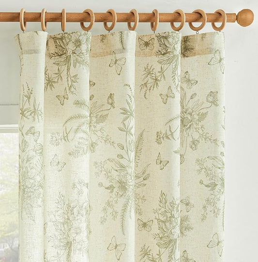 jinchan Linen Floral Curtains for Living Room 96 Inch Length Sage Green Farmhouse Curtains Rod Pocket Back Tab Pattern French Country Vintage Curtain, 2 Panels Flower Printed Curtain