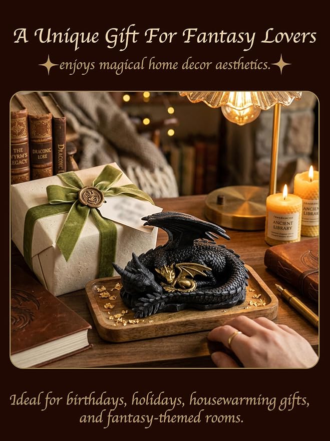 Stylor Black Dragon Statue Decor - Black & Golden Dragon Duo Figurine Bookshelf Decor, Hand-Painted Fantasy Gift for Bookish Book Lovers, Resin Mythical Sculpture Aesthetic Room Decoration
