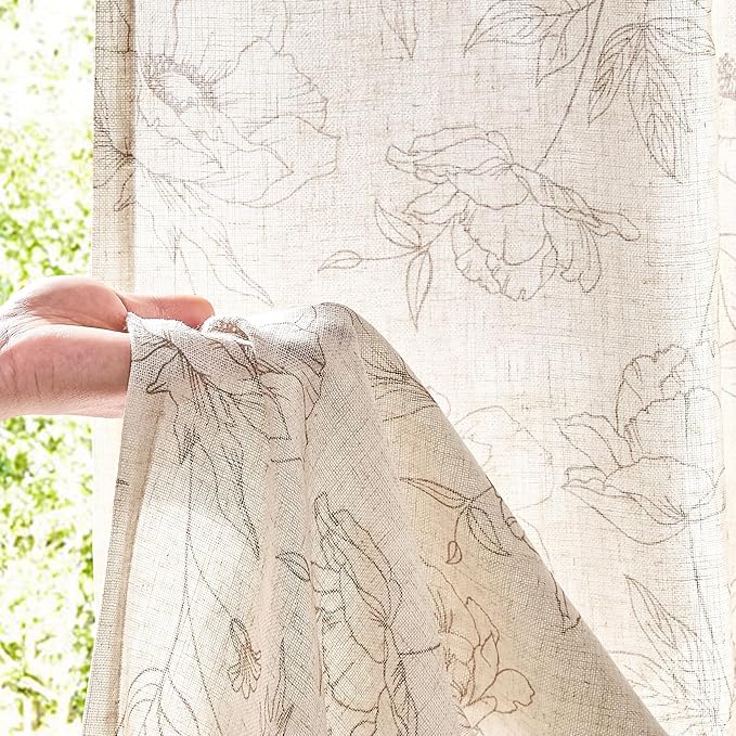 jinchan Floral Linen Curtains for Living Room 63 Inch Length Taupe Flower Curtain Rod Pocket Back Tab Farmhouse Curtains with Printed Floral Bedroom Window Curtain Set, 2 Panels Taupe