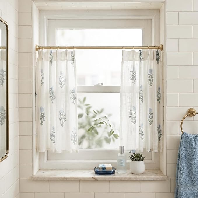 Lino Rosa Floral Cafe Curtains for Kitchen, 36 Inch Length Pinch Pleat Linen Short Drapes for Small Window, Blue Sage Green White Spring Cottage Core Farmhouse Style Semi Sheer RV Camper Curtains