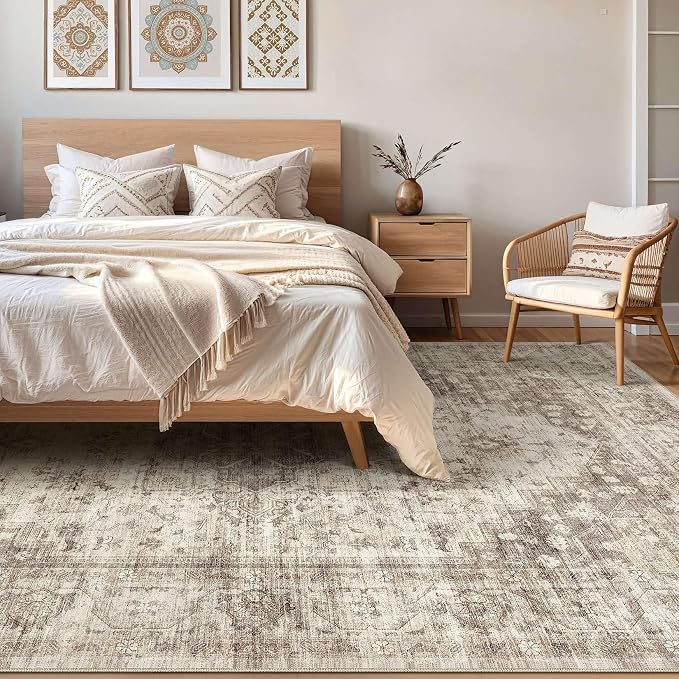 7x9 Area Rug Living Room: Washable Boho Large Neutral Vintage Soft Rug Stain Resistant Farmhouse Non Slip Indoor Floor Carpet for Bedroom Nursery Kids Playroom Office Dining Room- Tan