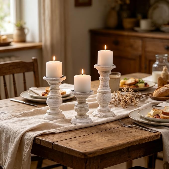 Hosley Set of 3 Whitewashed Wooden Pillar Candle Holders – 10”, 8”, and 6” Heights – Ideal for LED and Pillar Candles, Weddings, Parties, Home Décor, Spa, Reiki, and Aromatherapy
