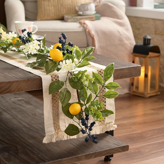 Valery Madelyn 6ft Artificial Lemon Garland for Mantel Summer Decor(Thin) | Faux Lemons Eucalyptus & Blueberry Summer Garland with Lights for Stairs Table Fireplace Farmhouse Kitchen Home Decor