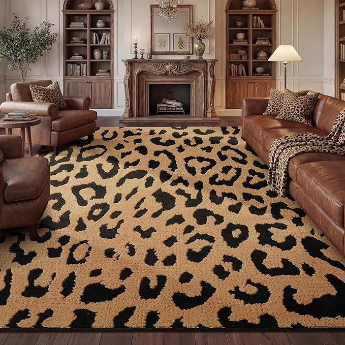 YIHOUSE 8×10 Ft Leopard Area Rugs, Washable High-Low Pile Plush Soft Rug, Non-Slip Non-Shedding Animal Cheetah Carpet for Living Room, Bedroom, Dining Room, Nursery, Home Decor