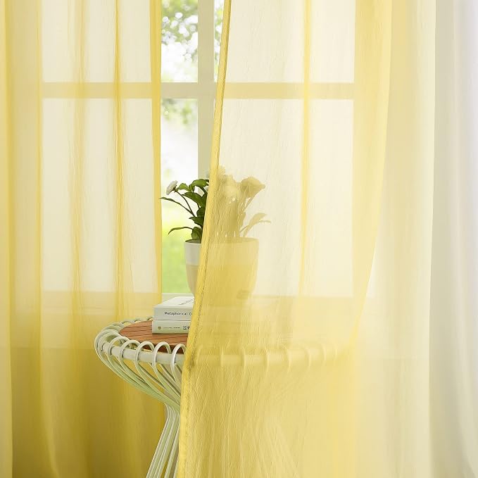 Purainbow Yellow Ombre Sheer Curtains for Living Room Chiffon Crinkle Semi Sheer Curtain Panels for Bedroom Decor, Light Filtering Gradient Window Treatments with Grommet Top, 2 Panels, 52" Wx95 L