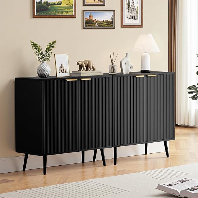 Set of 2 Fluted Storage Cabinet, Buffet Cabinet with Storage, Wood Sideboard with Adjustable Shelf, Modern Accent Cabinet & Console Table for Entryway, Living Room, Dining Room, Black
