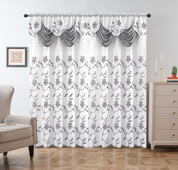 Petrichor Embroidered Sheer Curtain 2 Panels Set - Luxury Window Curtain Attached Valance with Satin Backing and 2 Tie Backs for Living Room,Dining Room, 54x84 inches, Gray