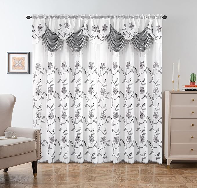 Petrichor Embroidered Sheer Curtain 2 Panels Set - Luxury Window Curtain Attached Valance with Satin Backing and 2 Tie Backs for Living Room,Dining Room, 54x95 inches, Gray