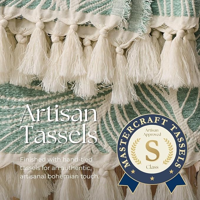 DOWN HOME Chenille Cotton Throw Blanket for Couch, Lightweight Boho Blanket for Bed Sofa Chair Living Room Outdoor Soft Woven Decorative Blanket with Tassel Gift Green Leaves 60"x80"