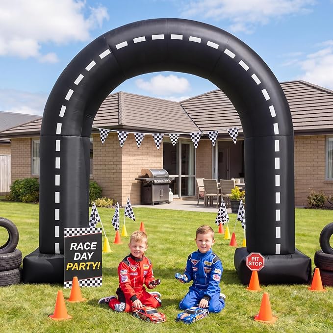 Seenelling 9 Ft Race Car Party Inflatable Archway, Blow Up Racetrack Arch with Built-in LED Lights Racing Themed Decoration for Birthday Party Lawn Yard Decor