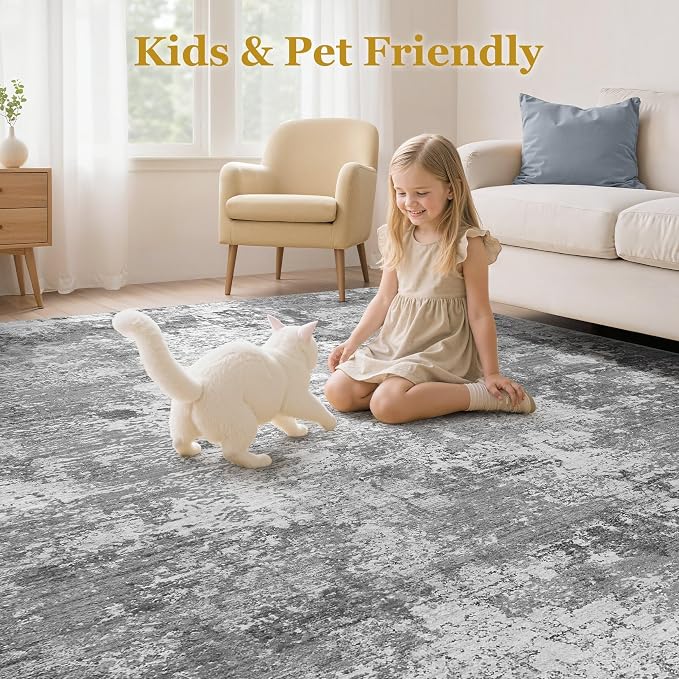 Area Rugs 5x7 Living Room: Washable Large Abstract Modern Neutral Soft Rug Stain Resistant Non-Slip Backing Carpet for Bedroom Dining Room Indoor Nursery Dorm Home Office Decor - Light Grey
