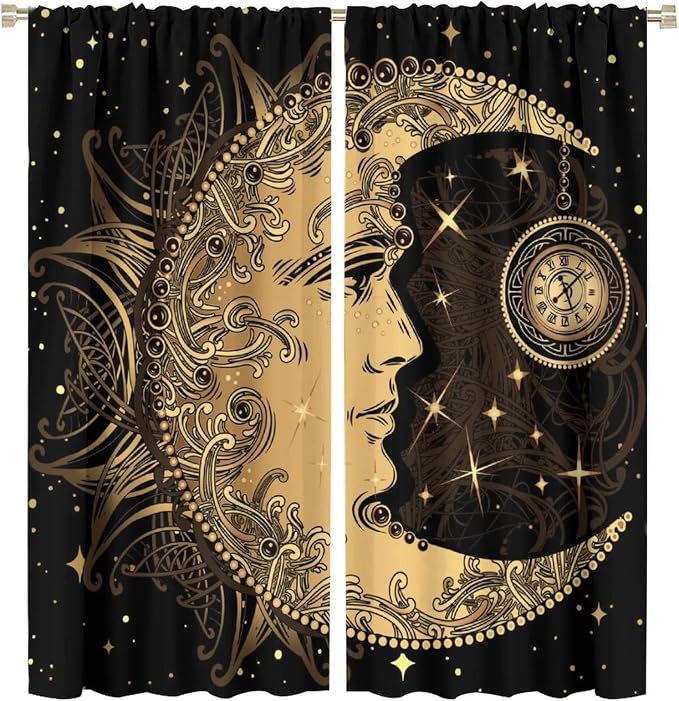 Sun Moon Blackout Windows Curtains, Retro Bohemian Antique Hippie Gold Sun Crescent and Star Curtains, for Living Room Bedroom 63x72in 2 Panels