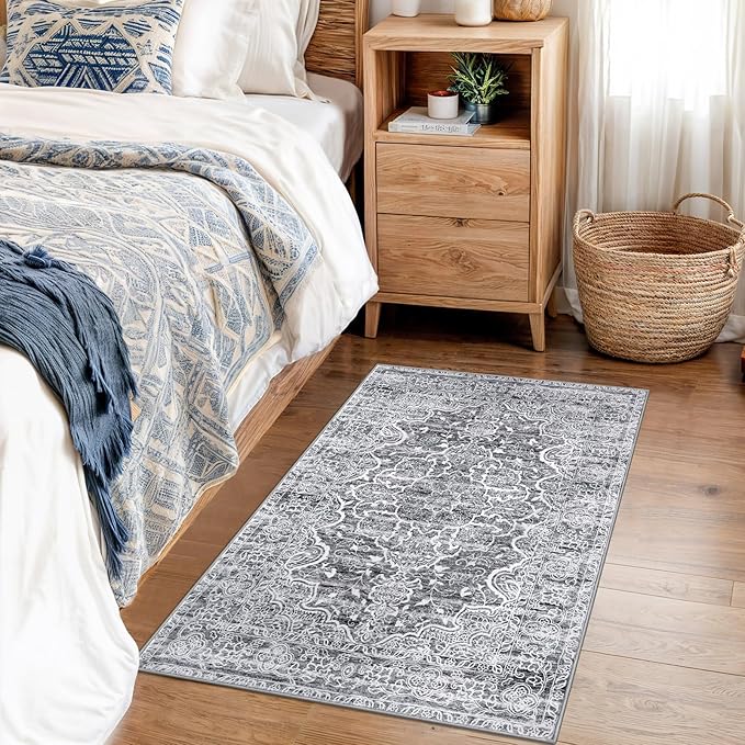 KUTA Vintage Rugs for Entryway Indoor Non-Slip Grey Blue White Washable Rug 2x3 Vintage Floral Soft Printed Doormat Small Accent Farmhouse Kitchen Throw Carpet for Entrance and Bedroom