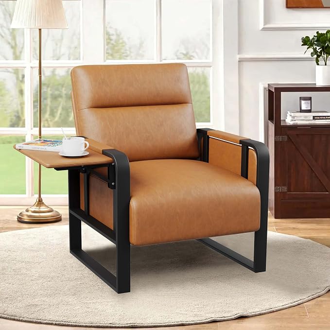 Brown Accent Chair PU Leather Upholstered Armchair with Side Table | Modern Ergonomic Accent Chair for Living Room Bedroom Reading Chair with Side Pocket Corner Chair Office Reception Side Chair