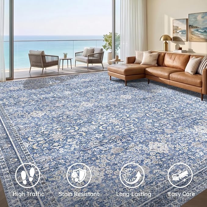 Sasttie 8x10 Area Rugs, Ultra-Soft Washable Rug, Low Pile Foldable Thin Carpets with Non-Slip Backing, Skin-Friendly Stain Resistant Carpet for Living Room, Bedroom, Kitchen, Dorm, 8x10, Blue