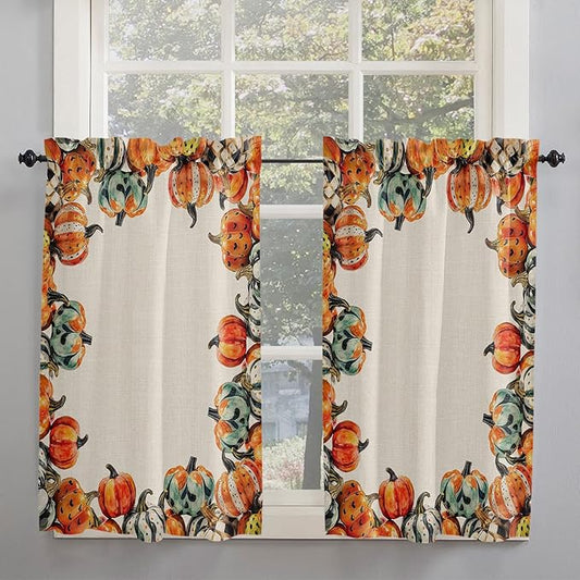Kitchen Tier Curtains 54 inches Long, Fall Thanksgiving Watercolor Pumpkin Autumn Harvest Window Curtains for Living Room Bathroom,Rod Pocket Light Filter Drapes Half Window Treatment Tiers 2 Panels