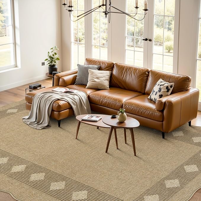 LIVEBOX Scalloped Easy Jute Diamond Outdoor Rug Living Room, Washable 8x10 Farmhouse Tan Rug for Bedroom, Geometric Checkered Indoor Outdoor Rugs Dining Room Mat Carpet Area Rug for Patio Home Office