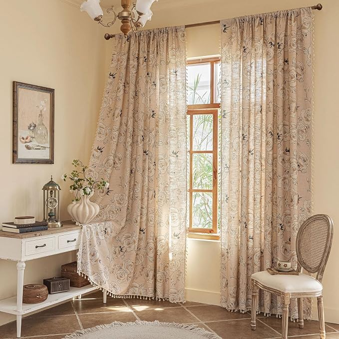 Boho Rose Floral Curtains 84 Inch Long 2 panels, French Vintage Farmhouse Patterned Decor Window Drapes With Tassels, Girls Semi-Sheer Light Filtering For Bedroom Living Room (Rod Pocket, 52Wx84L)