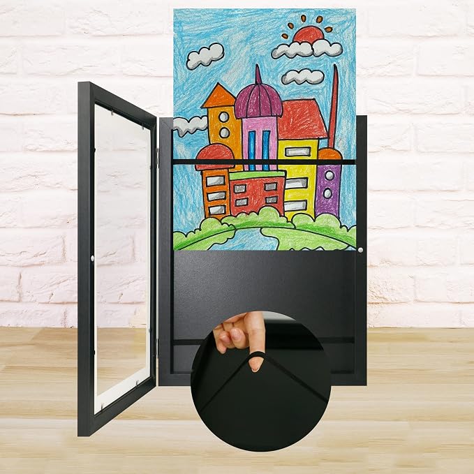 iRahmen Kids Art Frames 8.5x11 - Front Opening Childrens Picture Frame Changeable, Wood Artwork Display Storage for Wall Mount, Magnetic Door Holds 50 Art Pieces for Drawings, 3D Picture, Crafts, Portfolio, Black
